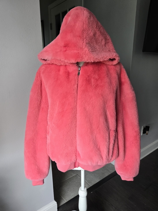 New York & Company Jackets & Blazers - New York & Company Reversible Hooded Faux Fur Bomber Jacket Pink Coral XL